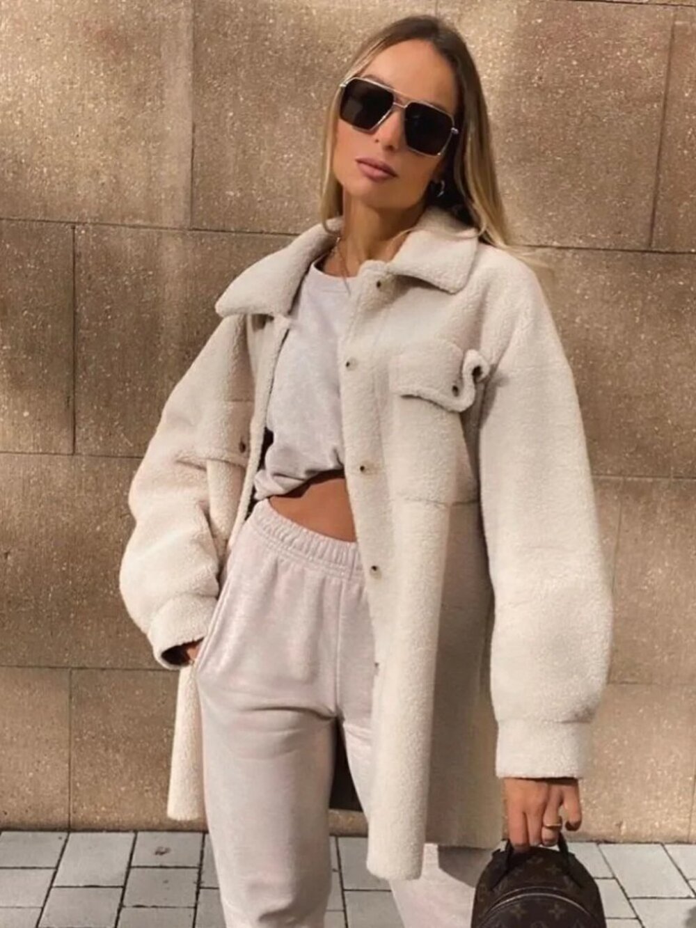 MNG Oversized Faux Shearling Overshirt Teddy Jacket Cream/Tan Women's XS